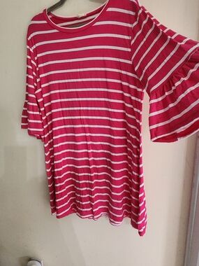 Yelete Pink/White Striped Bell Sleeve Tunic, Size 3XL,‎ Boho Stylr